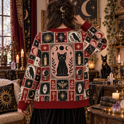 Black Cat Triple Moon Tarot Patchwork Cardigan for Women Witchy Red, worn, back view