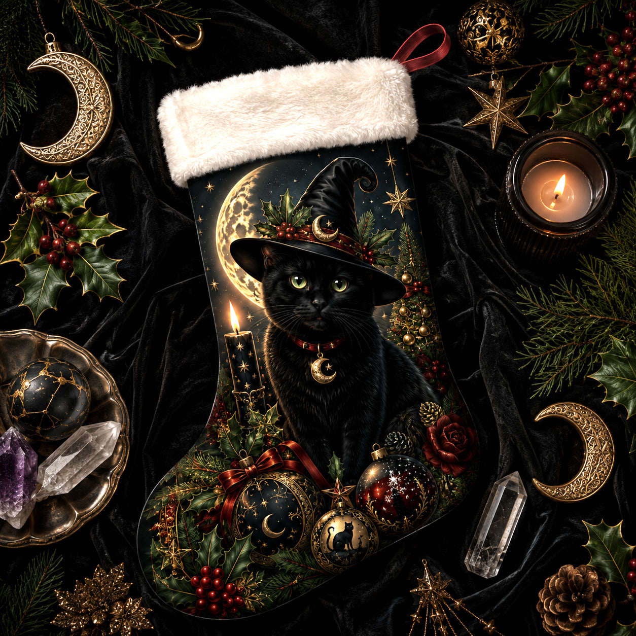 Black Cat Witch Hat Christmas Stocking Gothic Kitty Yule Decor