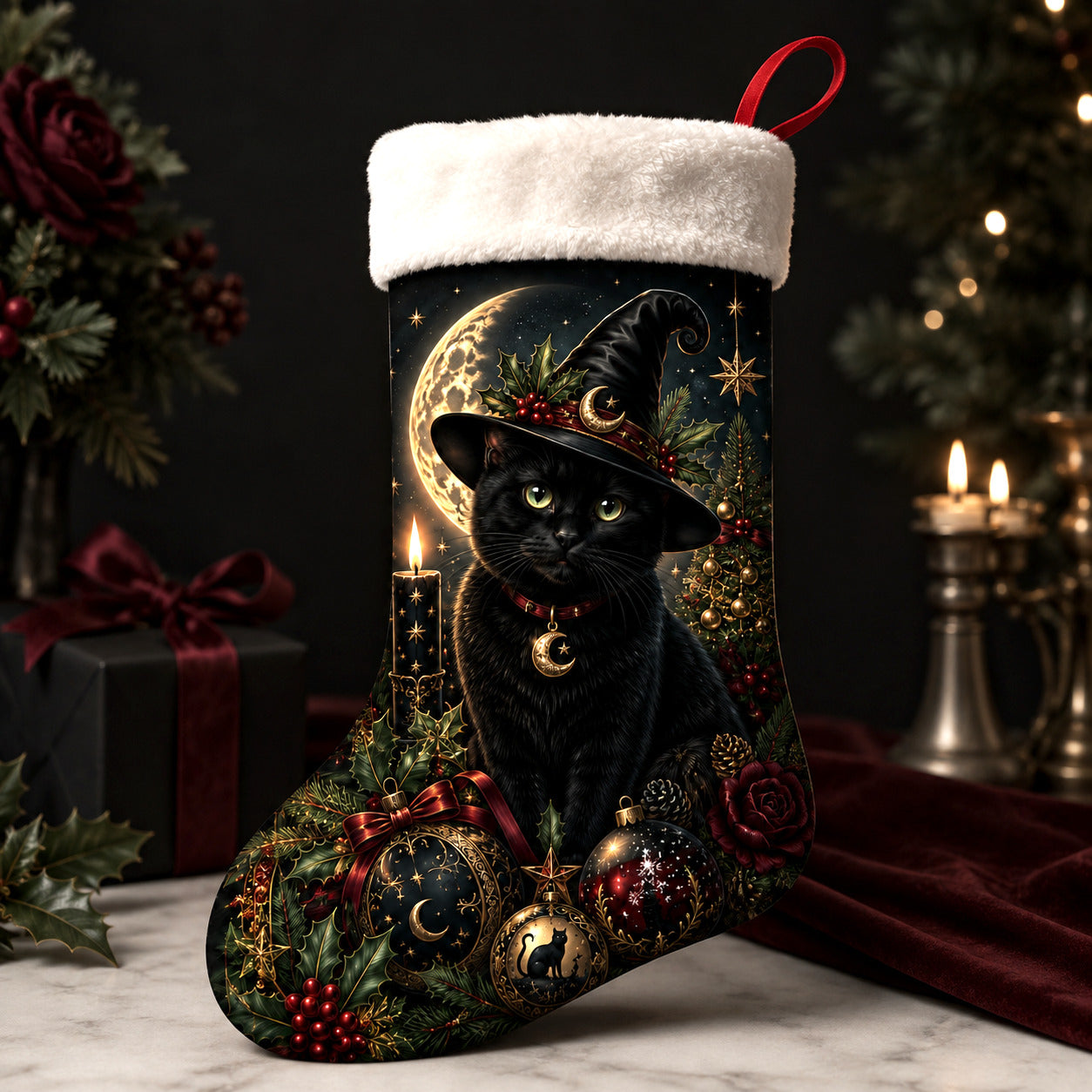 Black Cat Witch Hat Christmas Stocking Gothic Kitty Yule Decor, styled shot 2