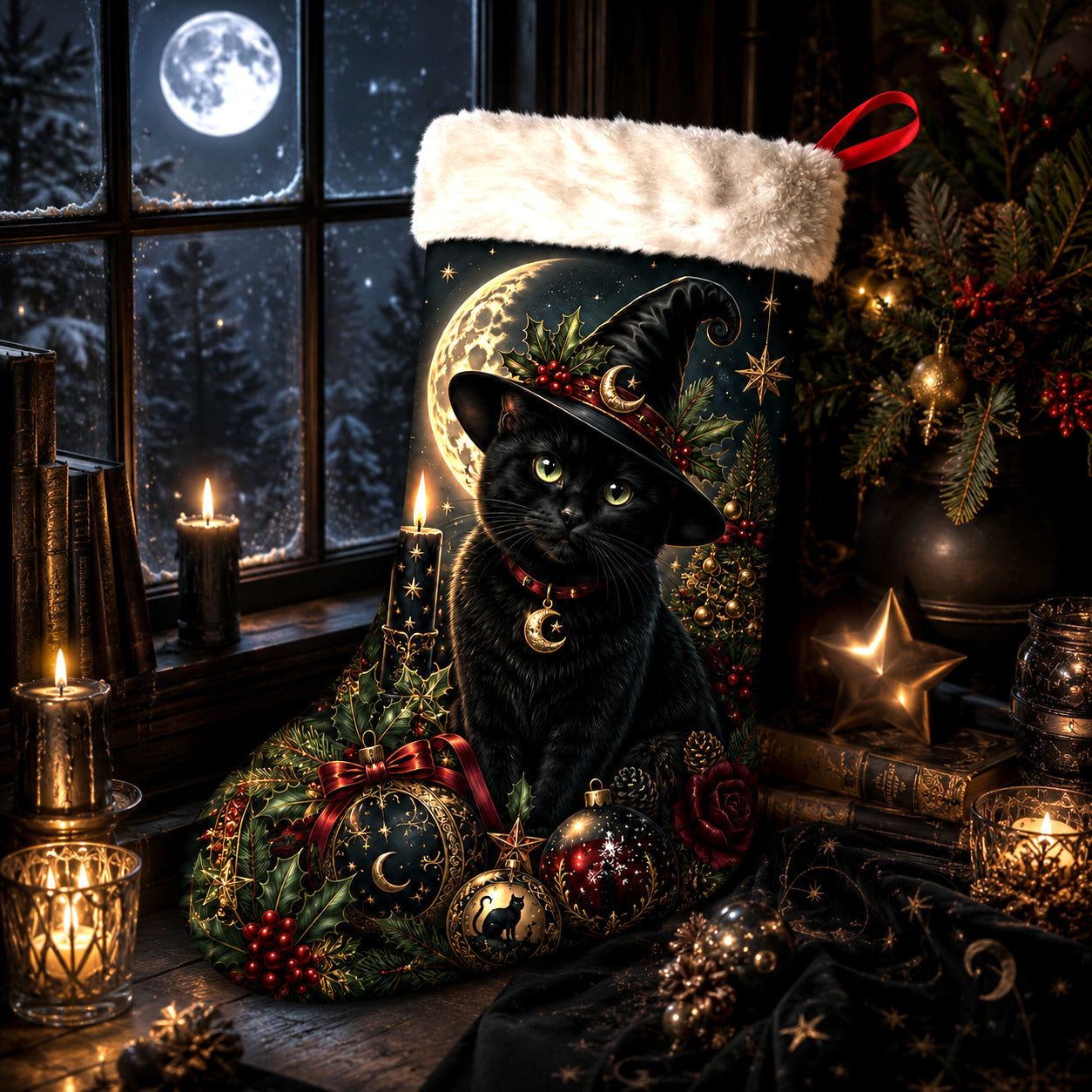 Black Cat Witch Hat Christmas Stocking Gothic Kitty Yule Decor, styled shot 3