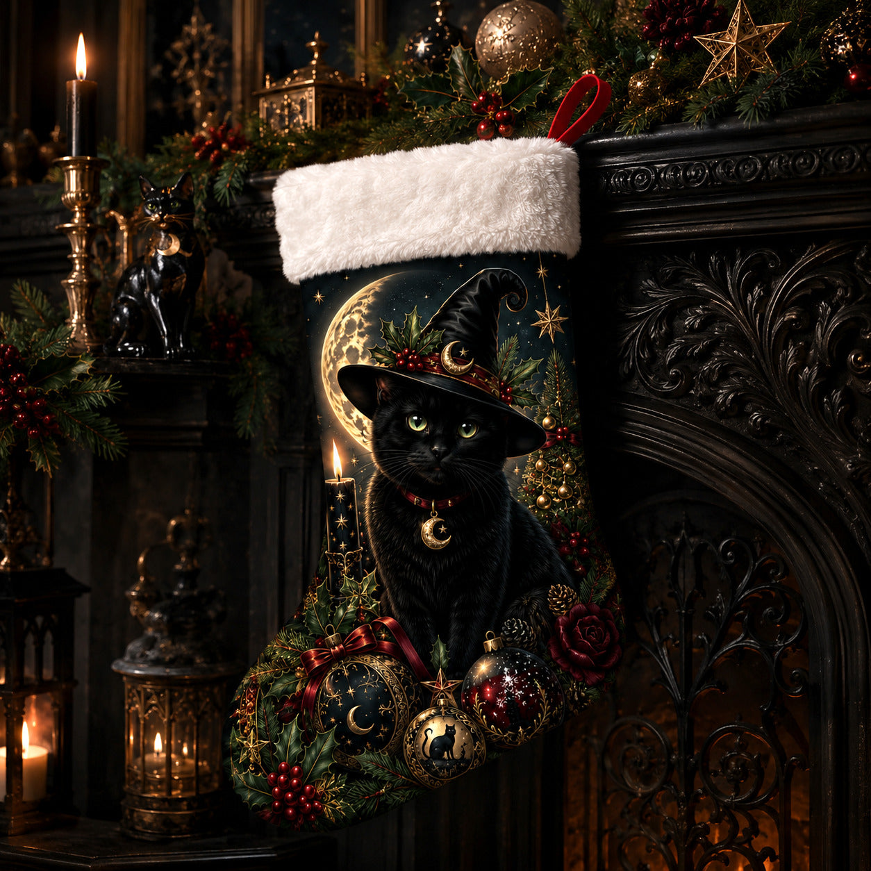 Black Cat Witch Hat Christmas Stocking Gothic Kitty Yule Decor, styled shot 4