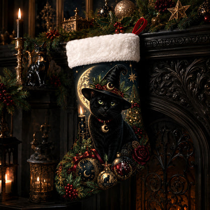 Black Cat Witch Hat Christmas Stocking Gothic Kitty Yule Decor, styled shot 4