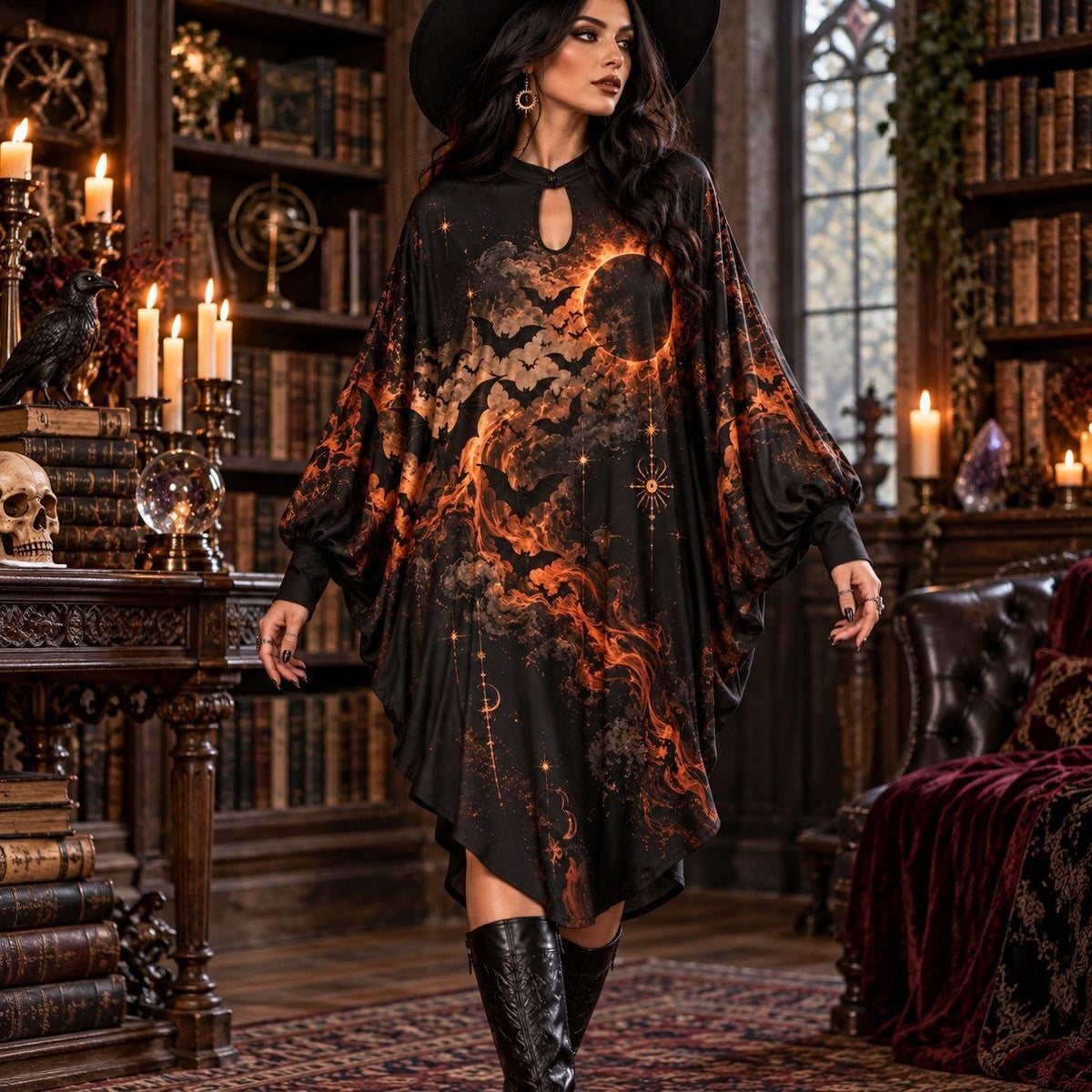 Black Flame Bat Eclipse Gothic Batwing Dress – Halloween Witchy Midi – worn, in motion