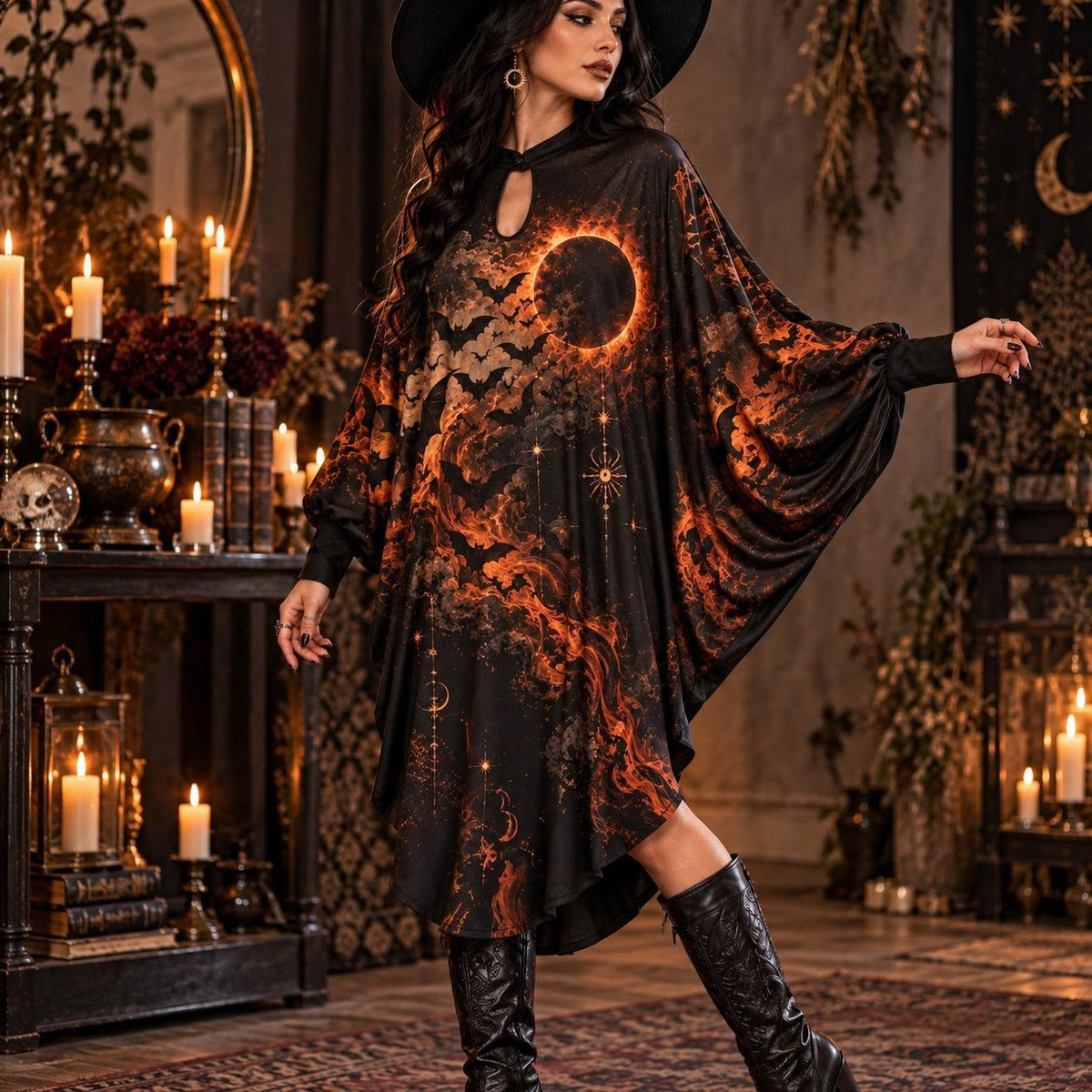 Black Flame Bat Eclipse Gothic Batwing Dress – Halloween Witchy Midi – worn, three quarter view