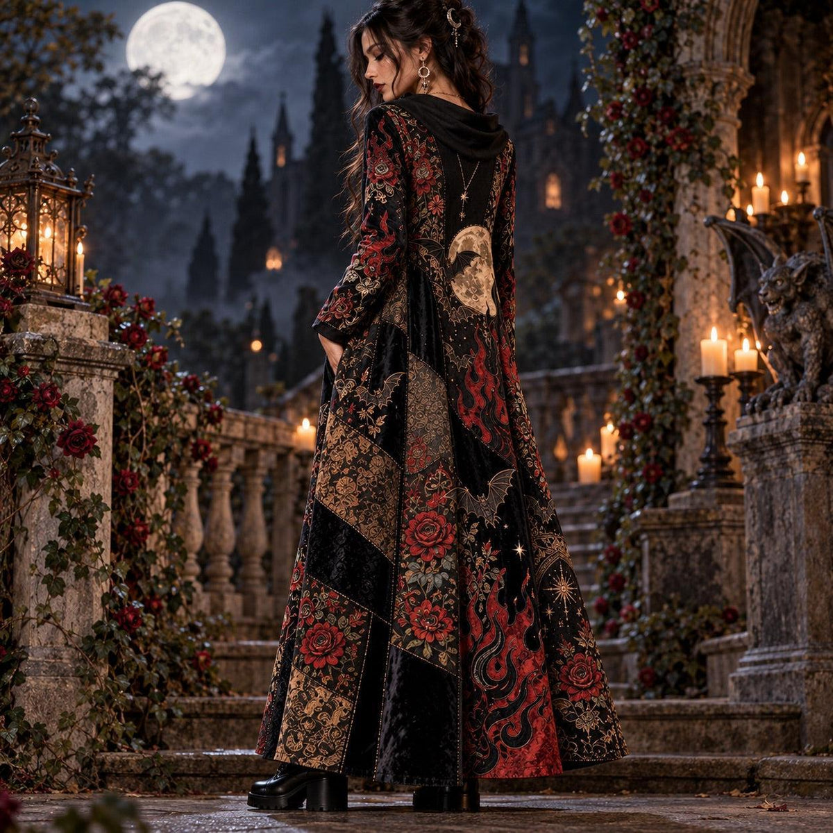 Black Flame Bat Garden Gothic Cowl Neck Dress – Witchy Rose Maxi – worn, three quarter view