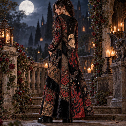 Black Flame Bat Garden Gothic Cowl Neck Dress – Witchy Rose Maxi – worn, three quarter view