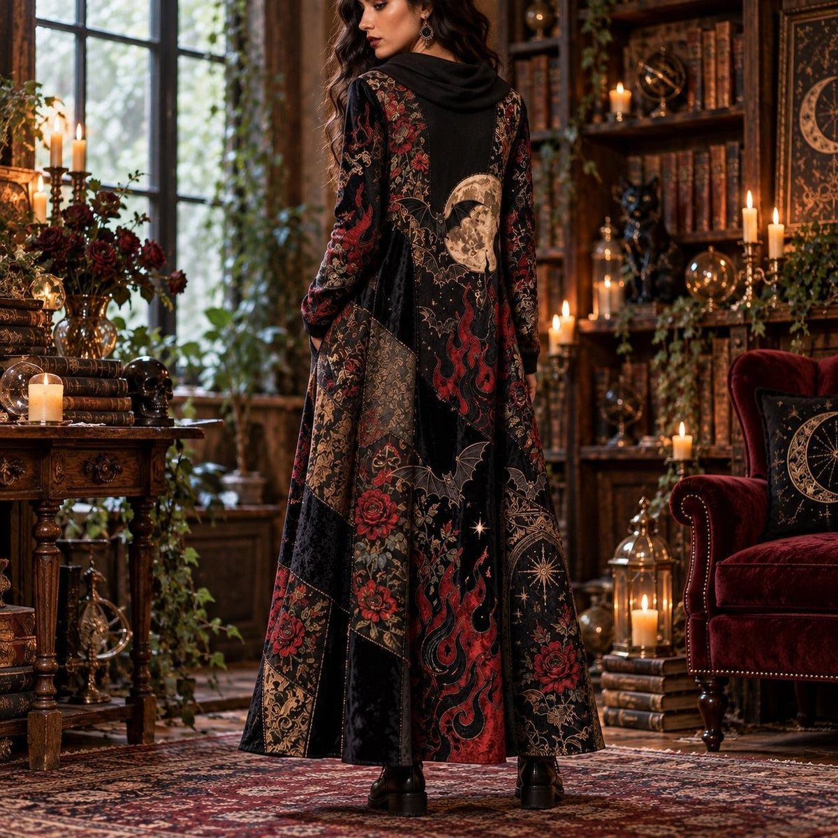 Black Flame Bat Garden Gothic Cowl Neck Dress – Witchy Rose Maxi – worn, back view