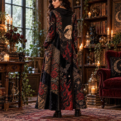 Black Flame Bat Garden Gothic Cowl Neck Dress – Witchy Rose Maxi – worn, back view