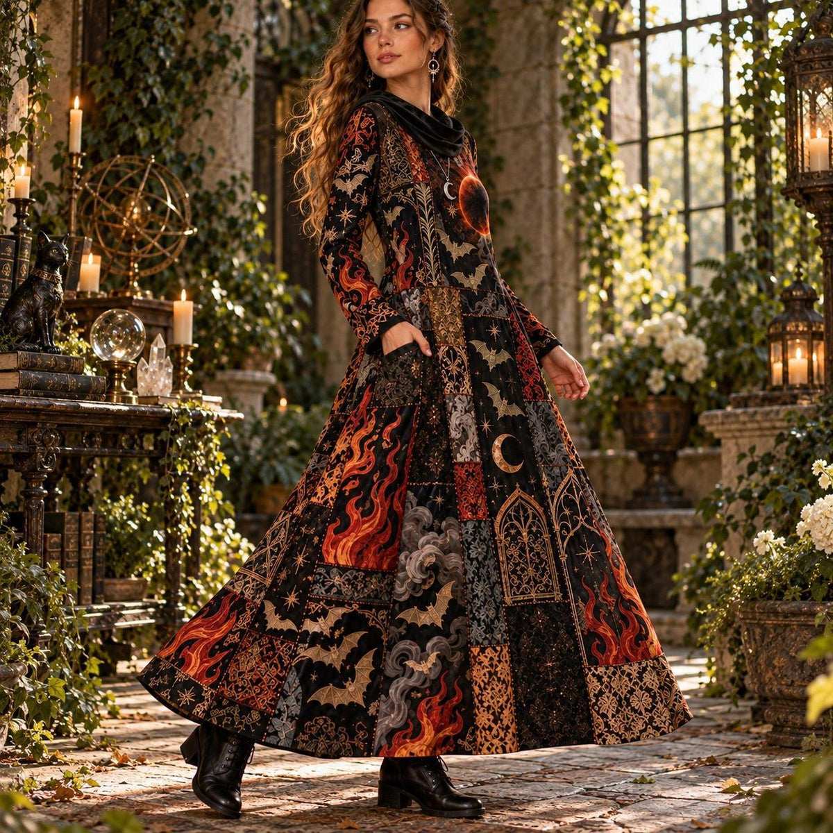 Black Flame Eclipse Bat Gothic Cowl Neck Dress – Witchy Patchwork Maxi – worn, three quarter view