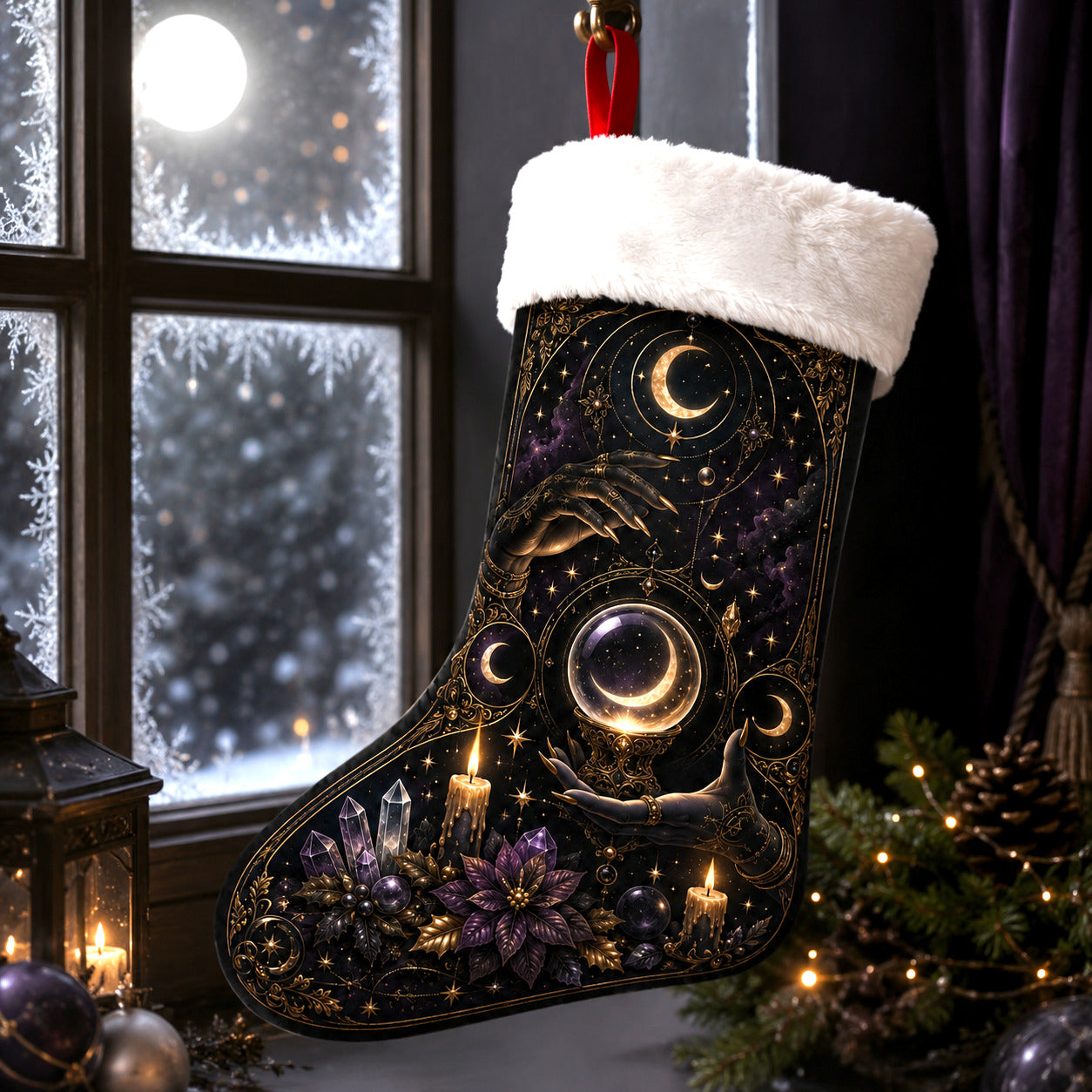 Black Moon Orb Christmas Stocking Occult Gold Yule Altar Decor