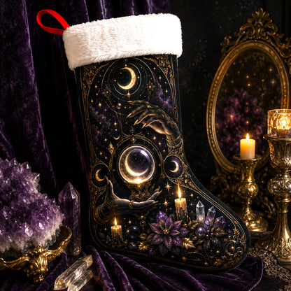 Black Moon Orb Christmas Stocking Occult Gold Yule Altar Decor, styled shot 2
