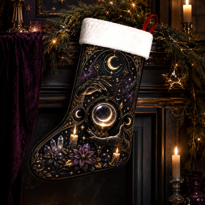 Black Moon Orb Christmas Stocking Occult Gold Yule Altar Decor, styled shot 3
