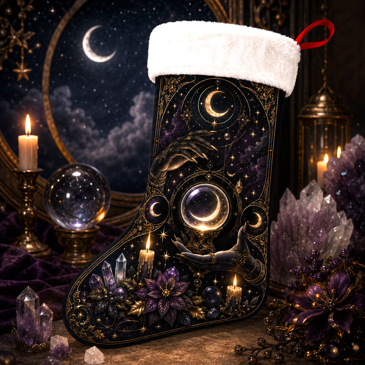 Black Moon Orb Christmas Stocking Occult Gold Yule Altar Decor, styled shot 4