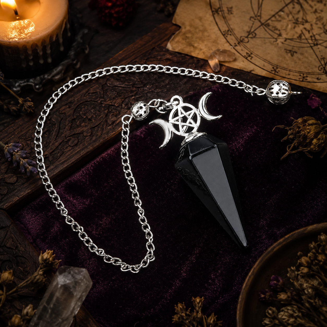 Black obsidian Triple Moon crystal pendulum on a Wiccan ritual altar