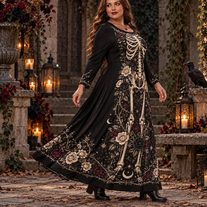 Black Rose Skeleton Plus Size Witch Dress – Gothic Bone Long Sleeve Maxi – worn, three quarter view