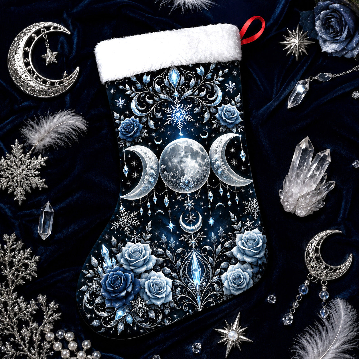 Blue Rose Triple Moon Christmas Stocking Wiccan Goddess Decor