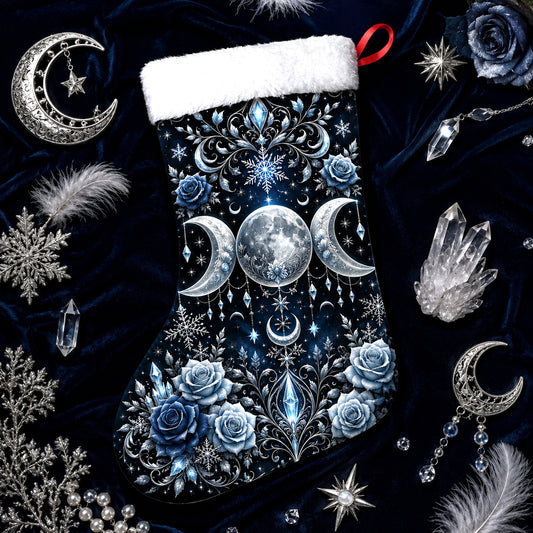 Blue Rose Triple Moon Christmas Stocking Wiccan Goddess Decor