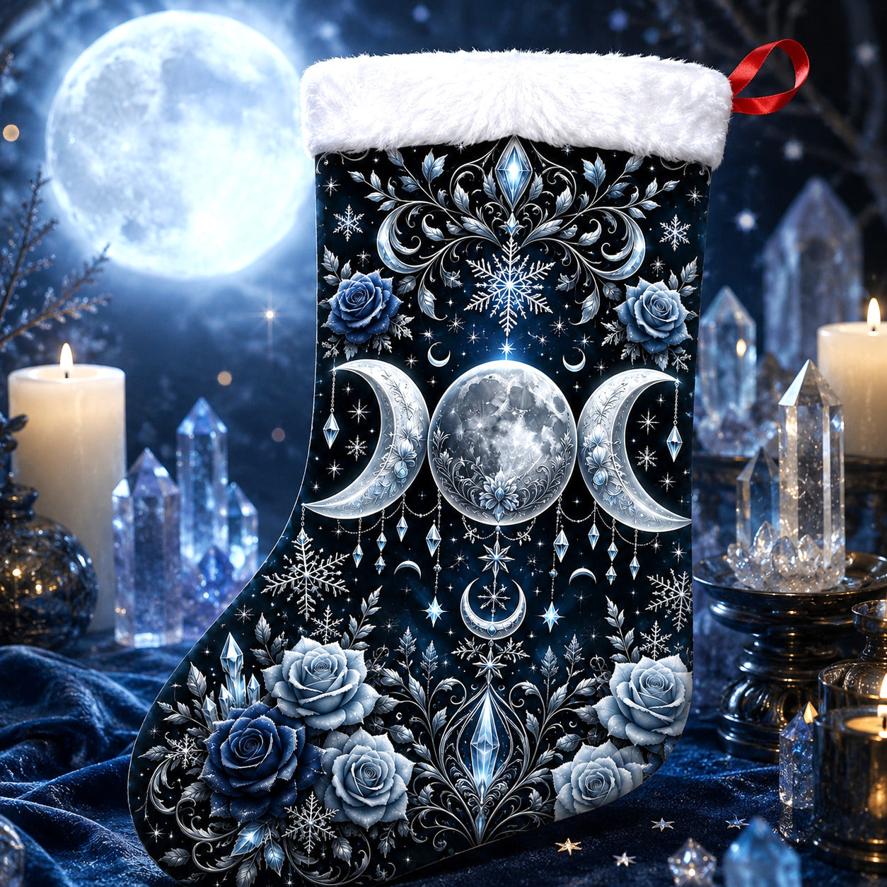 Blue Rose Triple Moon Christmas Stocking Wiccan Goddess Decor, styled shot 2