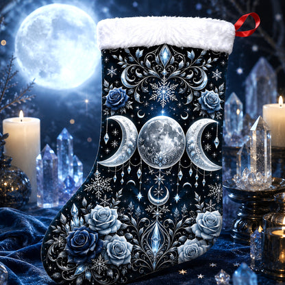 Blue Rose Triple Moon Christmas Stocking Wiccan Goddess Decor, styled shot 2