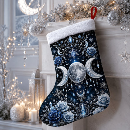 Blue Rose Triple Moon Christmas Stocking Wiccan Goddess Decor, styled shot 3