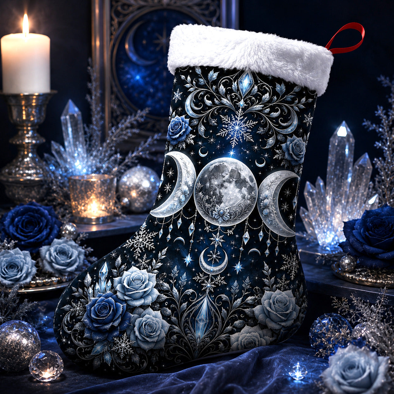 Blue Rose Triple Moon Christmas Stocking Wiccan Goddess Decor, styled shot 4