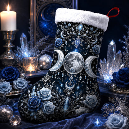 Blue Rose Triple Moon Christmas Stocking Wiccan Goddess Decor, styled shot 4