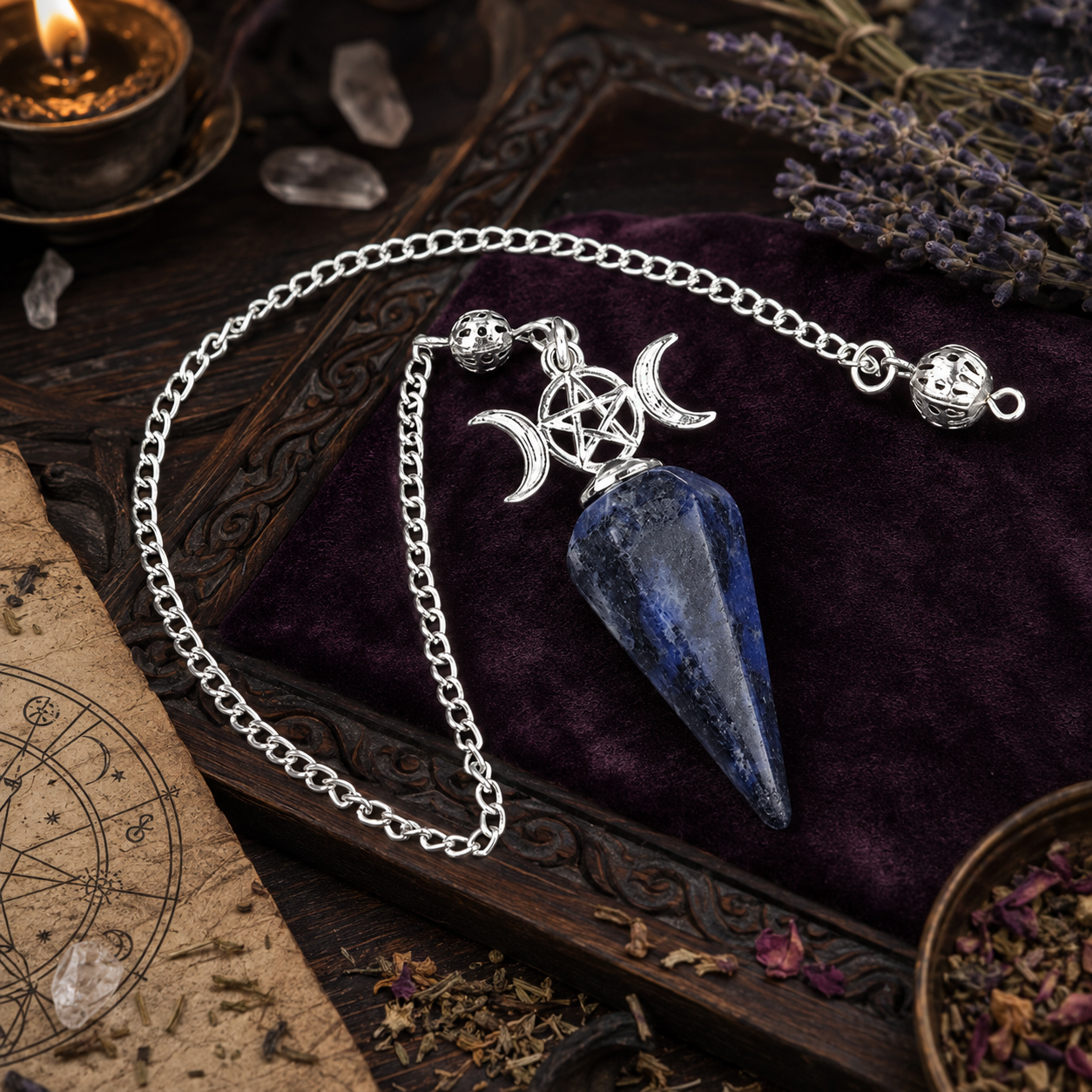 Blue sodalite Triple Moon crystal pendulum on a Wiccan ritual altar