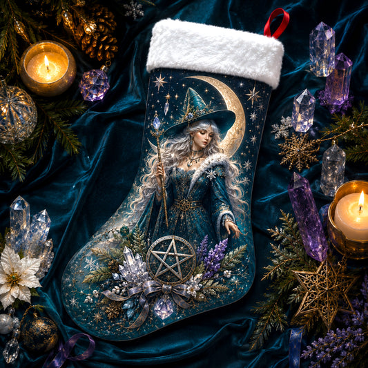 Blue Witch Christmas Stocking Pentacle Crescent Wiccan Yule Decor, styled shot 2