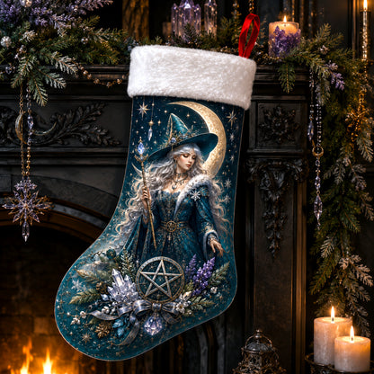Blue Witch Christmas Stocking Pentacle Crescent Wiccan Yule Decor, styled shot 3