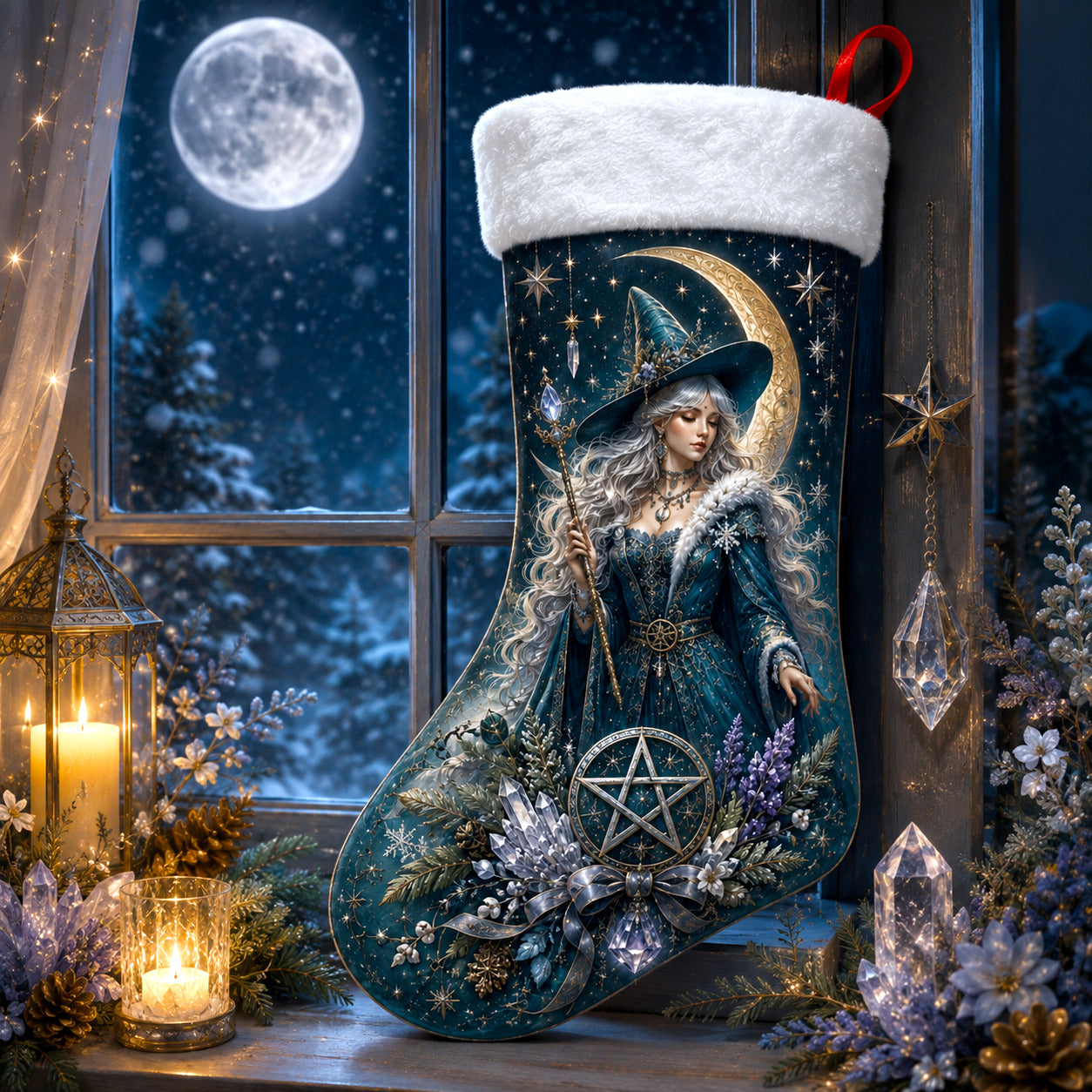 Blue Witch Christmas Stocking Pentacle Crescent Wiccan Yule Decor, styled shot 4