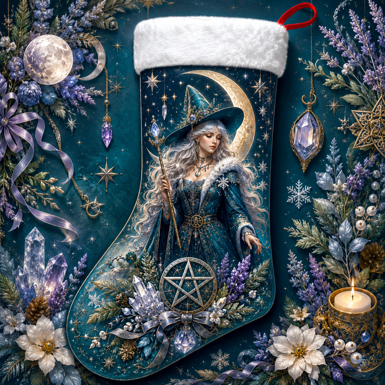 Blue Witch Christmas Stocking Pentacle Crescent Wiccan Yule Decor, styled shot 5