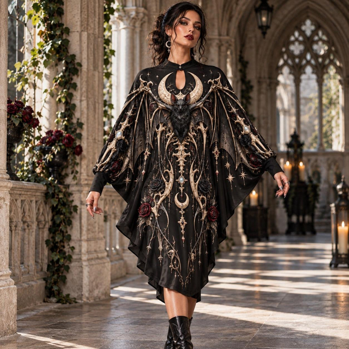 Bone Bat Reliquary Gothic Batwing Dress – Witchy Rose Moon Midi – worn, in motion