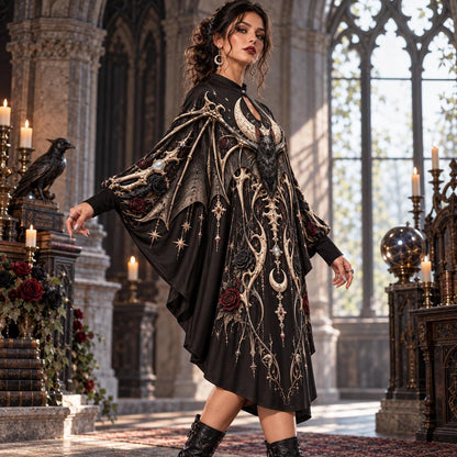 Bone Bat Reliquary Gothic Batwing Dress – Witchy Rose Moon Midi – worn, three quarter view