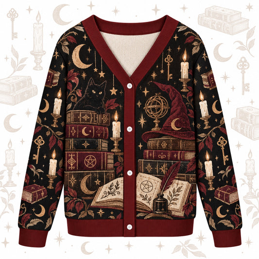 Bookshelf Black Cat Witch Hat Witchy Cardigan for Women Dark Academia, front view