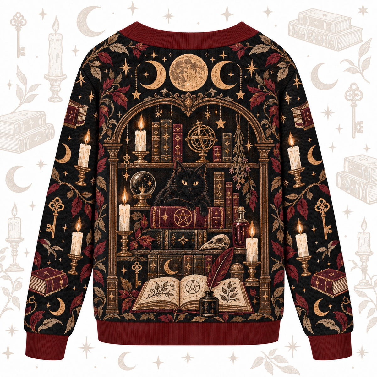 Bookshelf Black Cat Witch Hat Witchy Cardigan for Women Dark Academia, back view