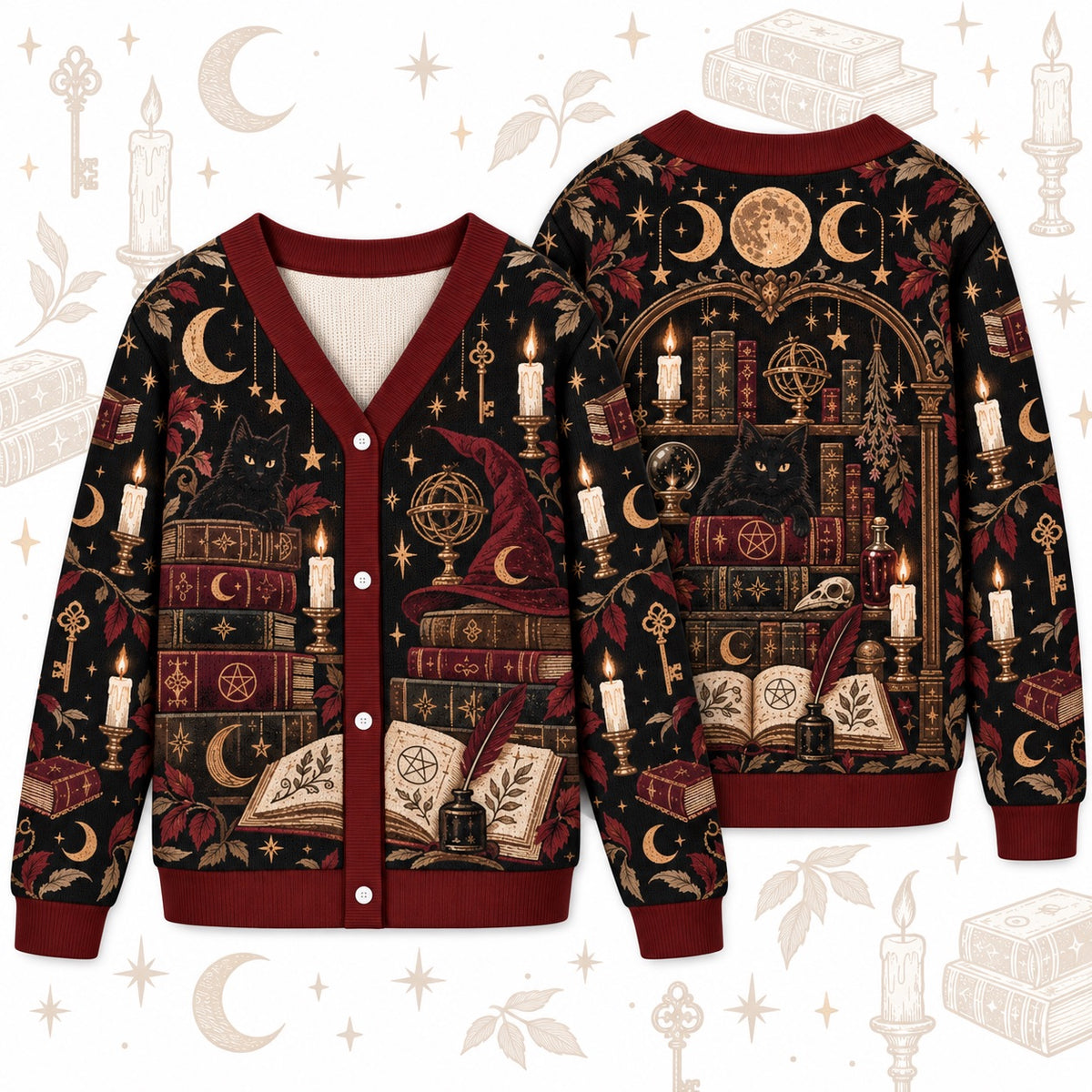 Bookshelf Black Cat Witch Hat Witchy Cardigan for Women Dark Academia, front and back shown together