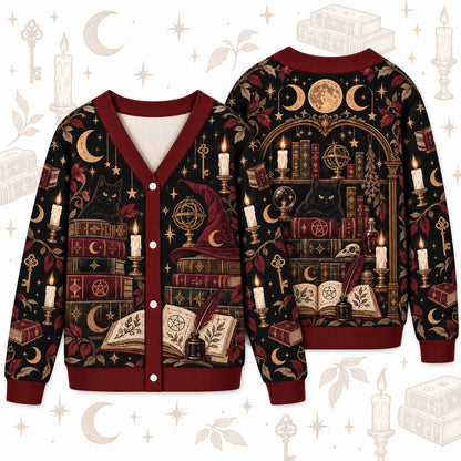 Bookshelf Black Cat Witch Hat Witchy Cardigan for Women Dark Academia, front and back shown together