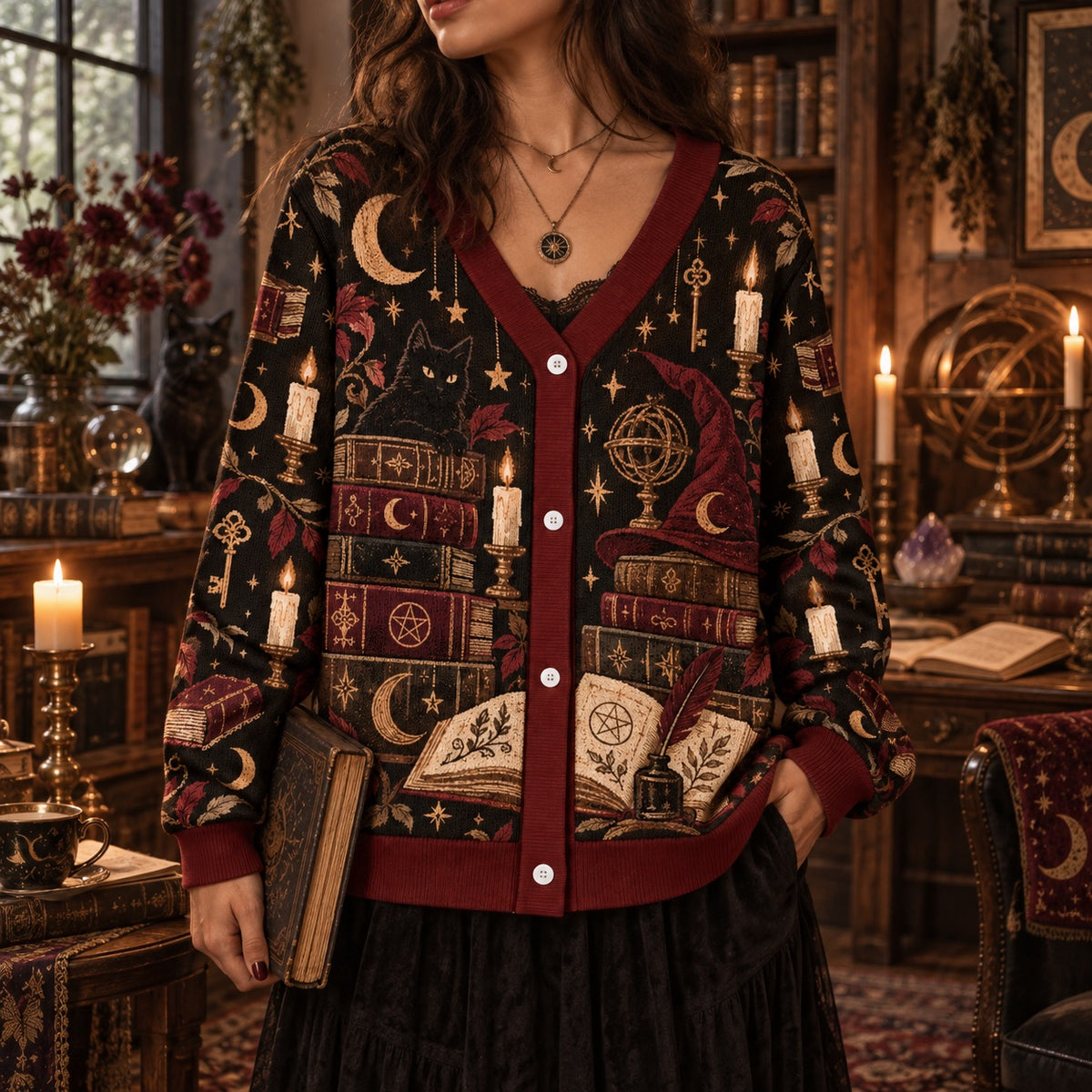 Bookshelf Black Cat Witch Hat Witchy Cardigan for Women Dark Academia, worn, front view