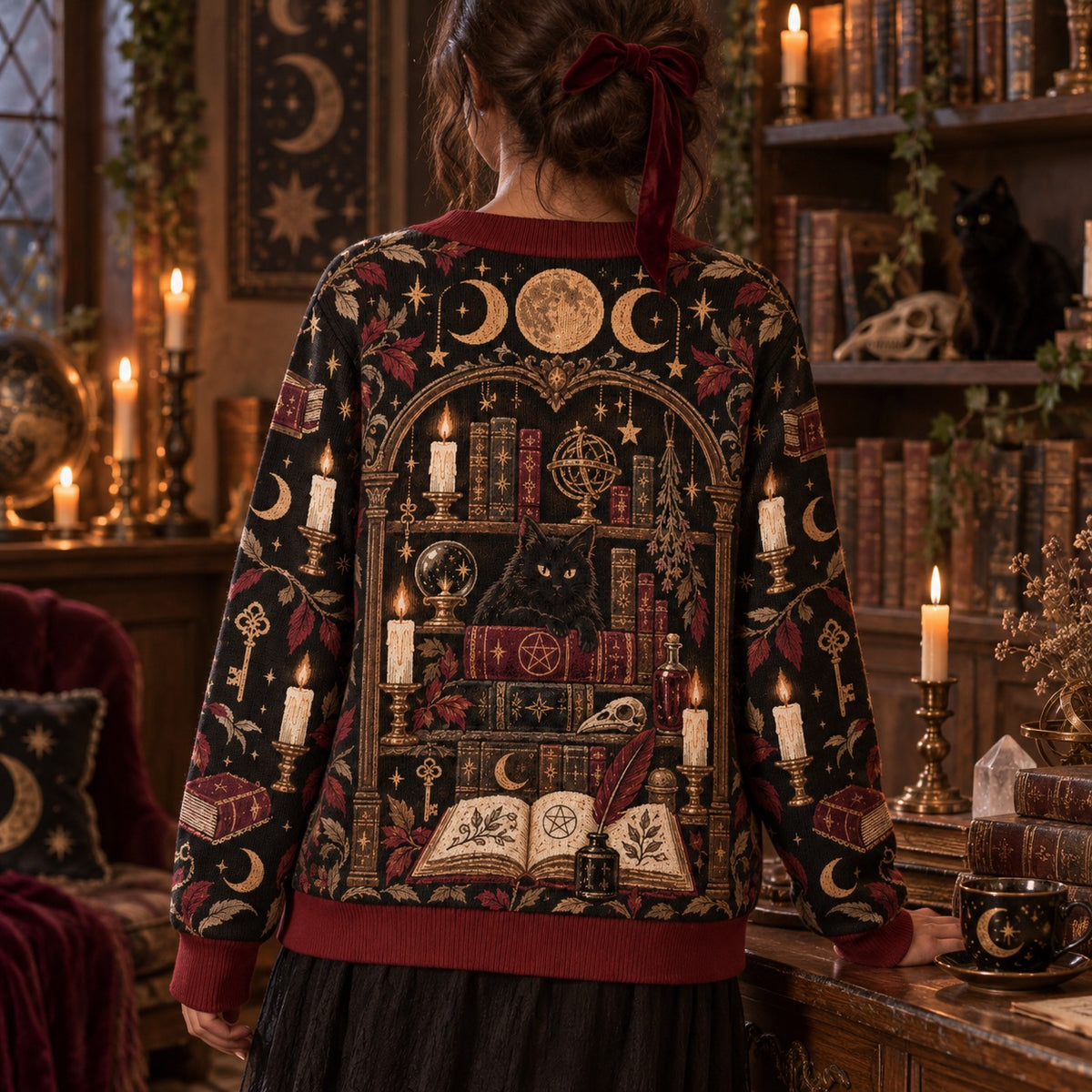 Bookshelf Black Cat Witch Hat Witchy Cardigan for Women Dark Academia, worn, back view