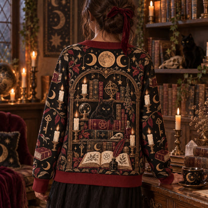Bookshelf Black Cat Witch Hat Witchy Cardigan for Women Dark Academia, worn, back view