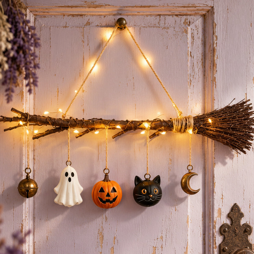 LED Witch Broom Hanging Ornament with Pumpkin & Ghost Charms — detailed product view in a witchy room