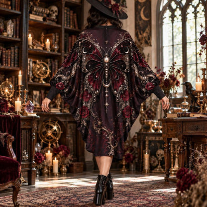 Burgundy Butterfly Moon Gothic Batwing Dress – Rose Witchy Midi – worn, back view