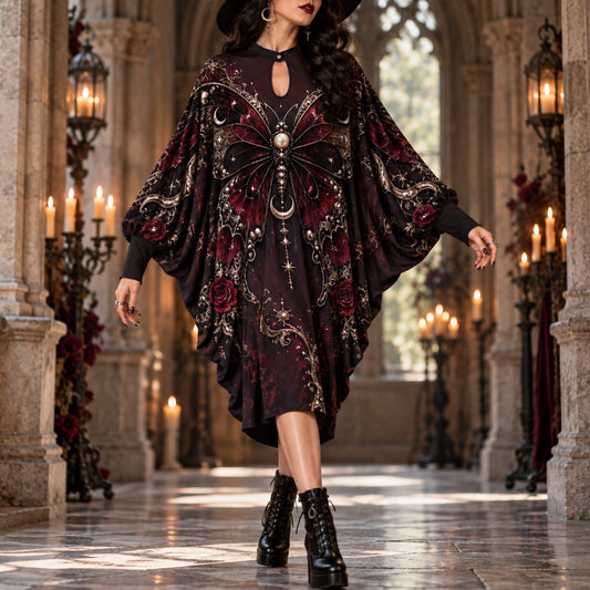 Burgundy Butterfly Moon Gothic Batwing Dress – Rose Witchy Midi – worn, in motion