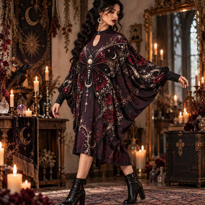 Burgundy Butterfly Moon Gothic Batwing Dress – Rose Witchy Midi – worn, three quarter view