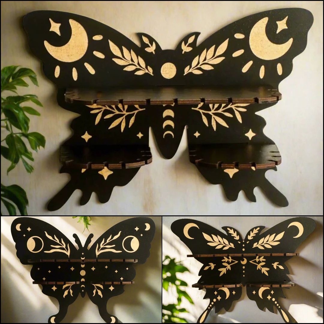 Butterfly Crystal Shelf Wooden Wall shelf for Essential Oil Witchy Home Decor-MoonChildWorld