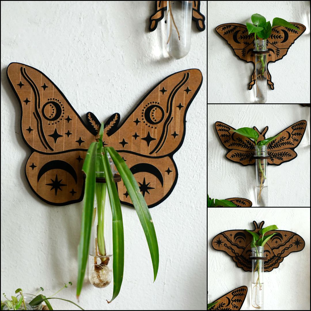 Butterfly Wooden Hanging Plant Holder with Plastic Tubes for Indoor Plants, Hydroponic Planter-MoonChildWorld