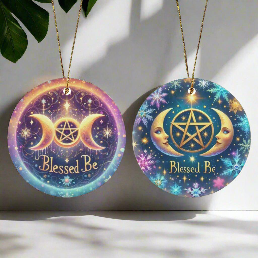 Pentacle Triple Moon Ceramic Christmas Ornament for Yule Tree Decorations-MoonChildWorld