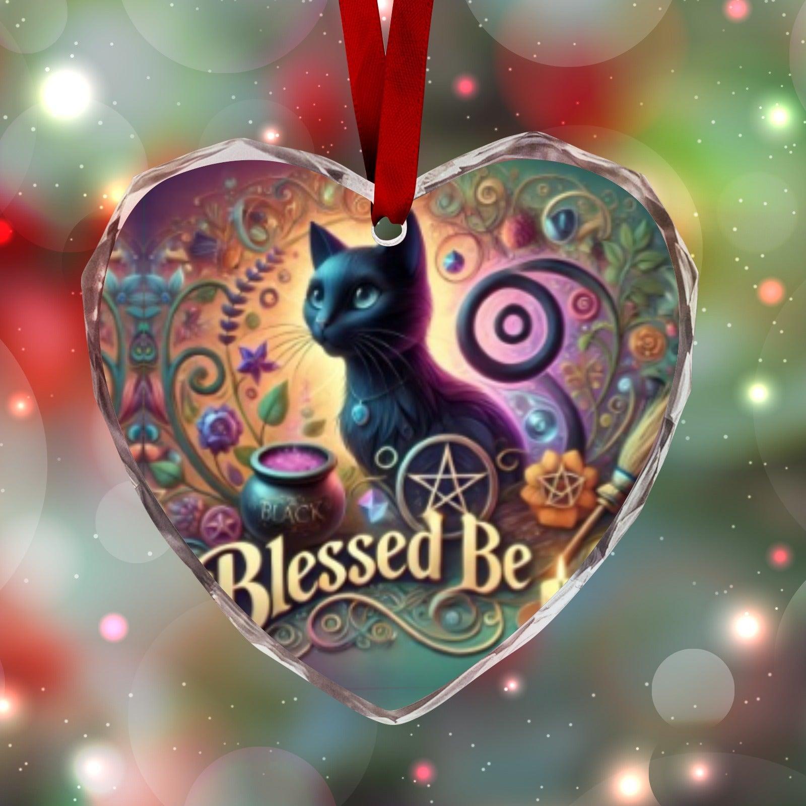 Wicca Black Cat Witchy Christmas Heart-Shaped Crystal Glass Ornament-MoonChildWorld