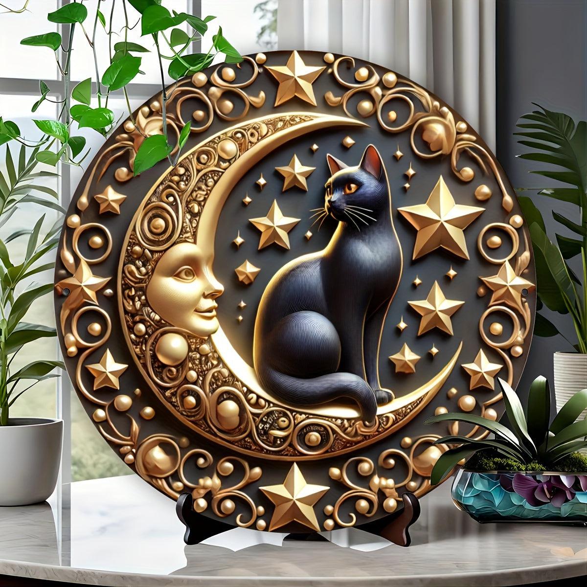 Black Cat and Moon Metal Tin Sign Witchy Cat Wall Art for Wiccan Christmas Decor-MoonChildWorld