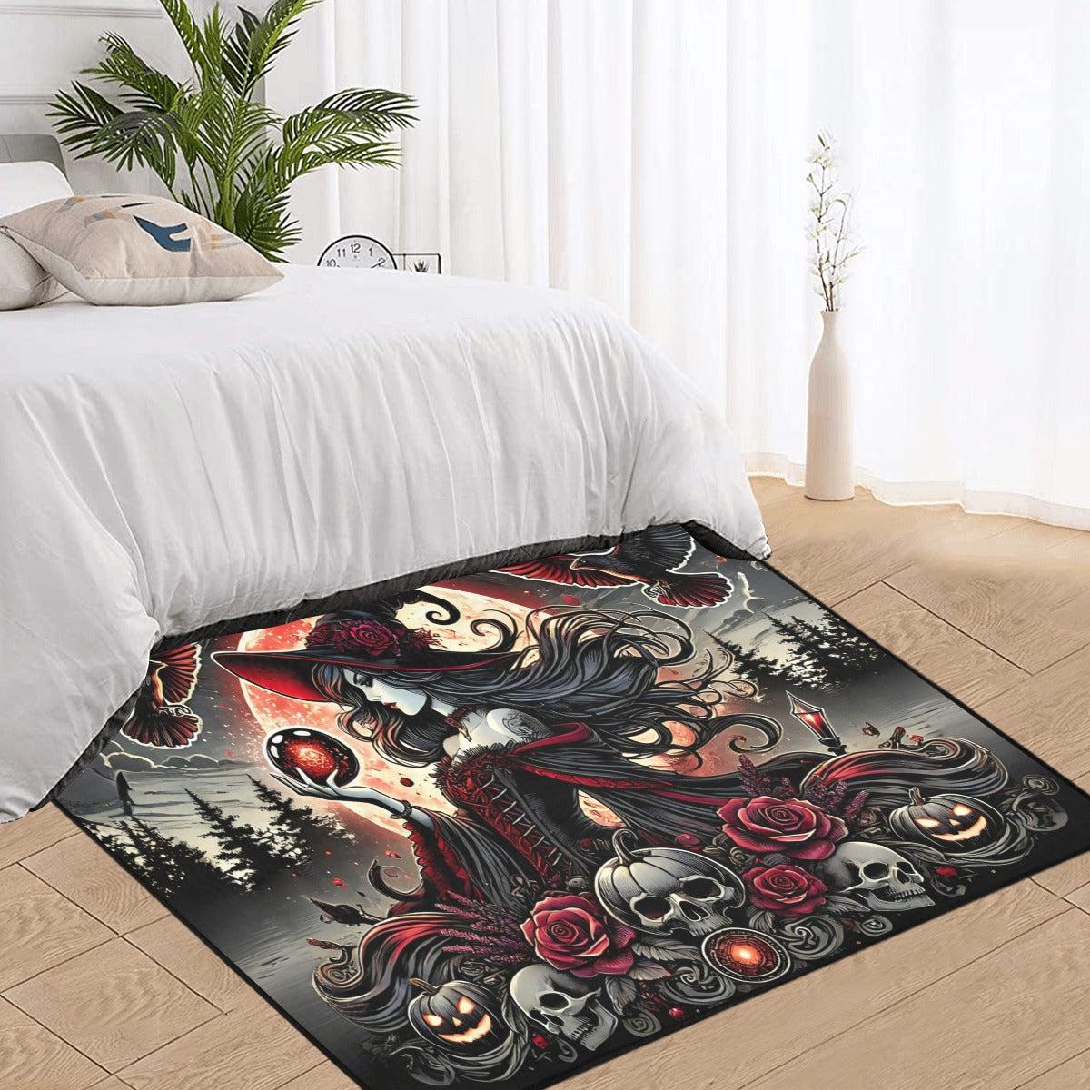 Skull Raven and Dark Witch Area Rug Gothic Witch Carpet for Halloween-MoonChildWorld